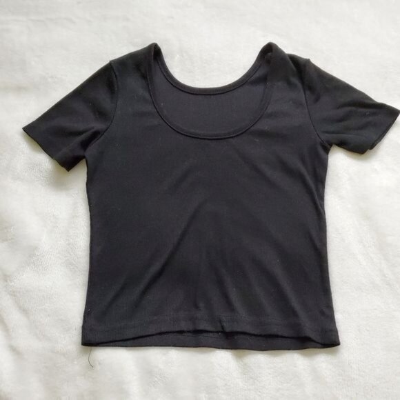 Black blouse short sleeve round neck size XS cropped - Picture 6 of 11
